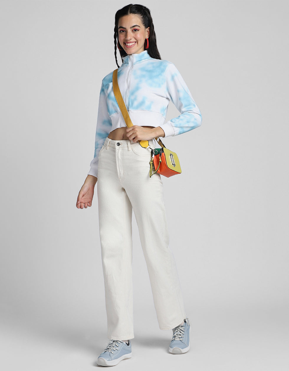 Babe Printed Tie-Dye Regular Fit White Zipper Crop Jacket