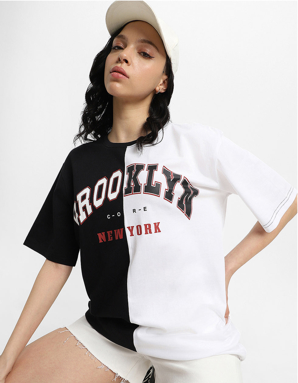 Brooklyn Black & White Graphic Printed Oversized T-Shirt