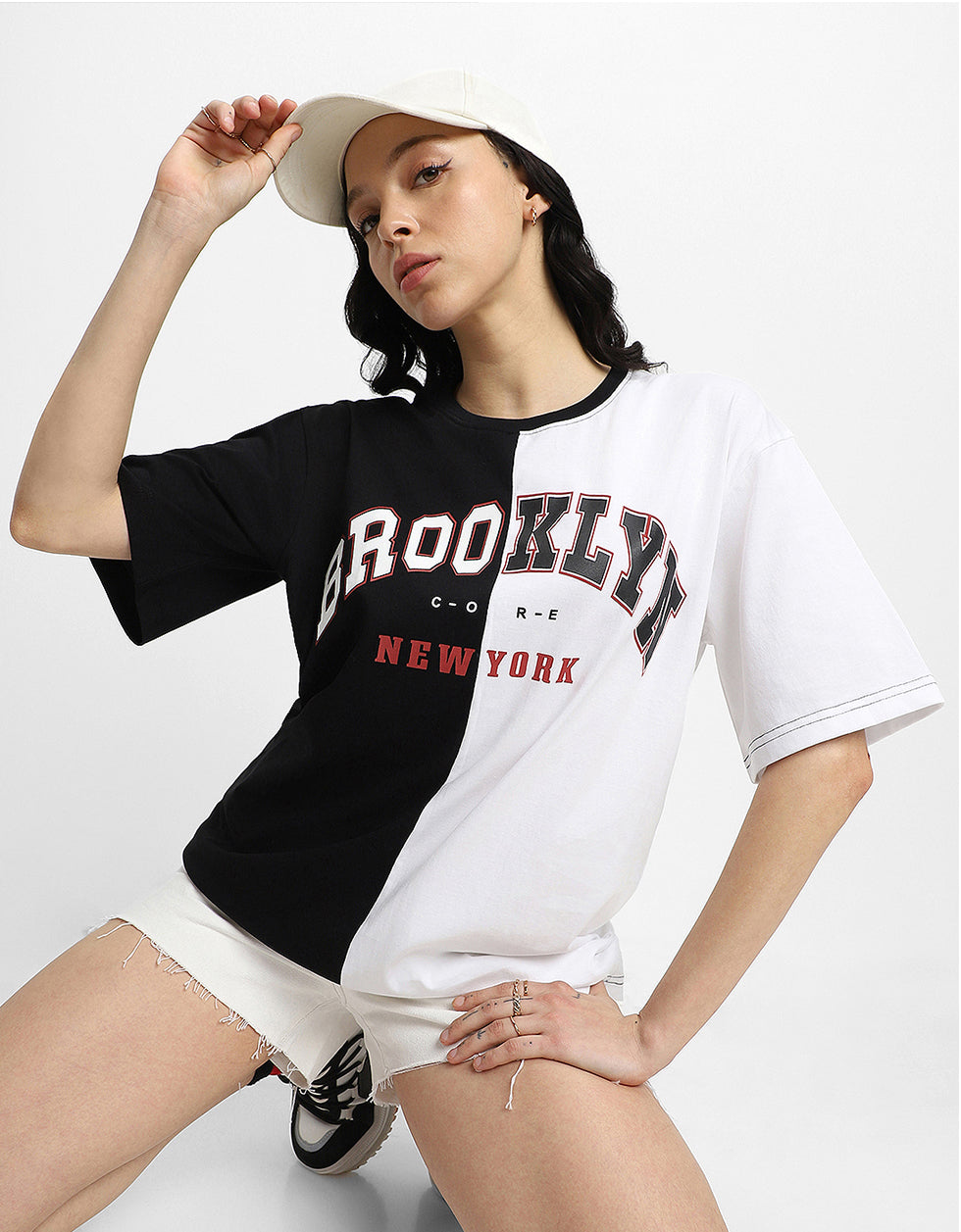 Brooklyn Black & White Graphic Printed Oversized T-Shirt