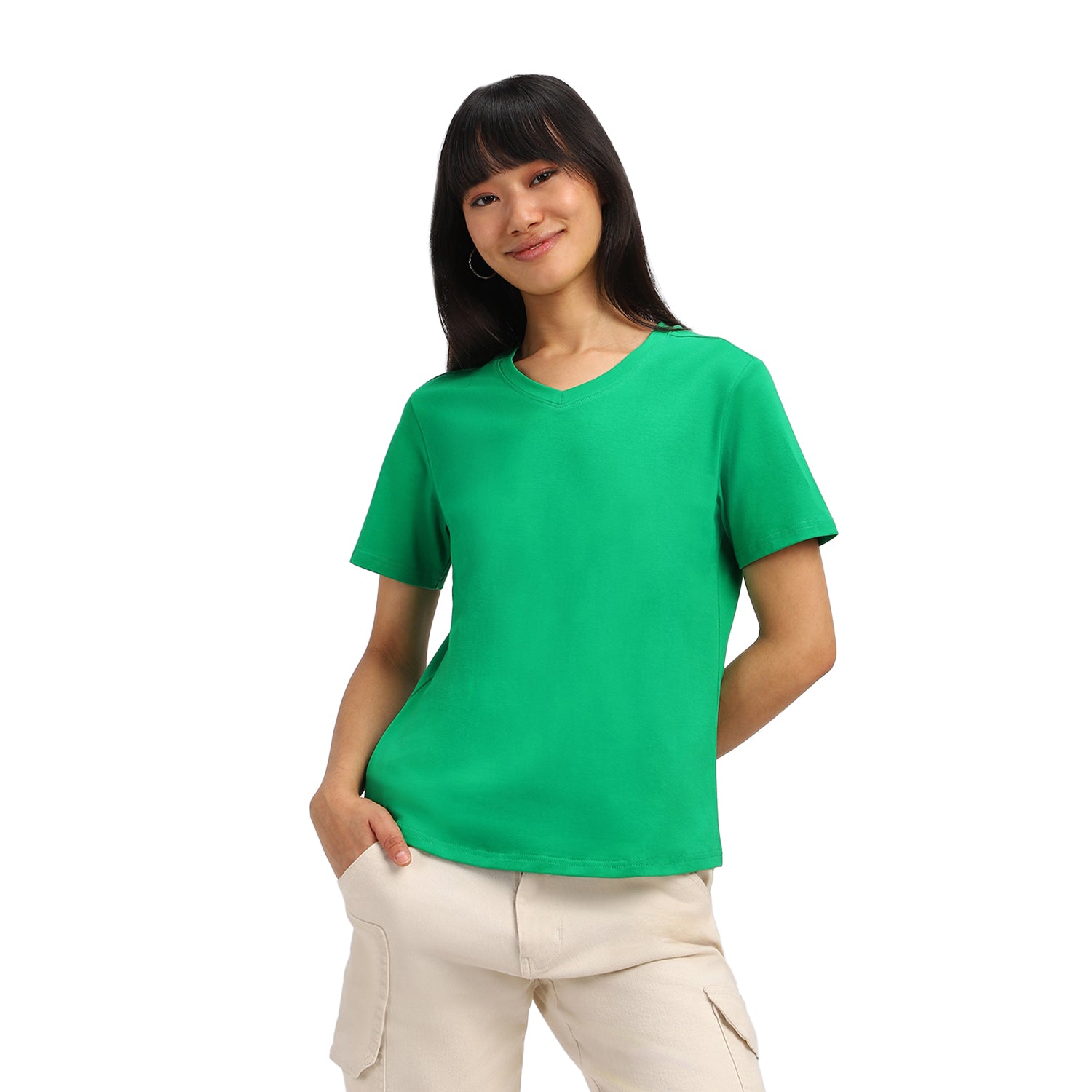 Anthra Green Plain V-Neck Regular Fit T-Shirt