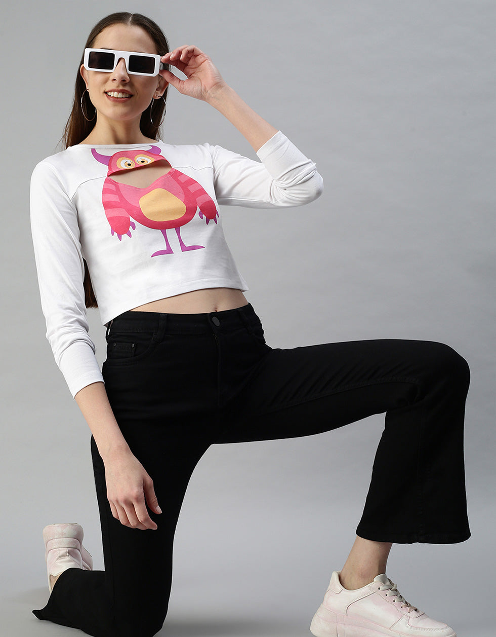 Owl White Graphic Printed Crop-Top