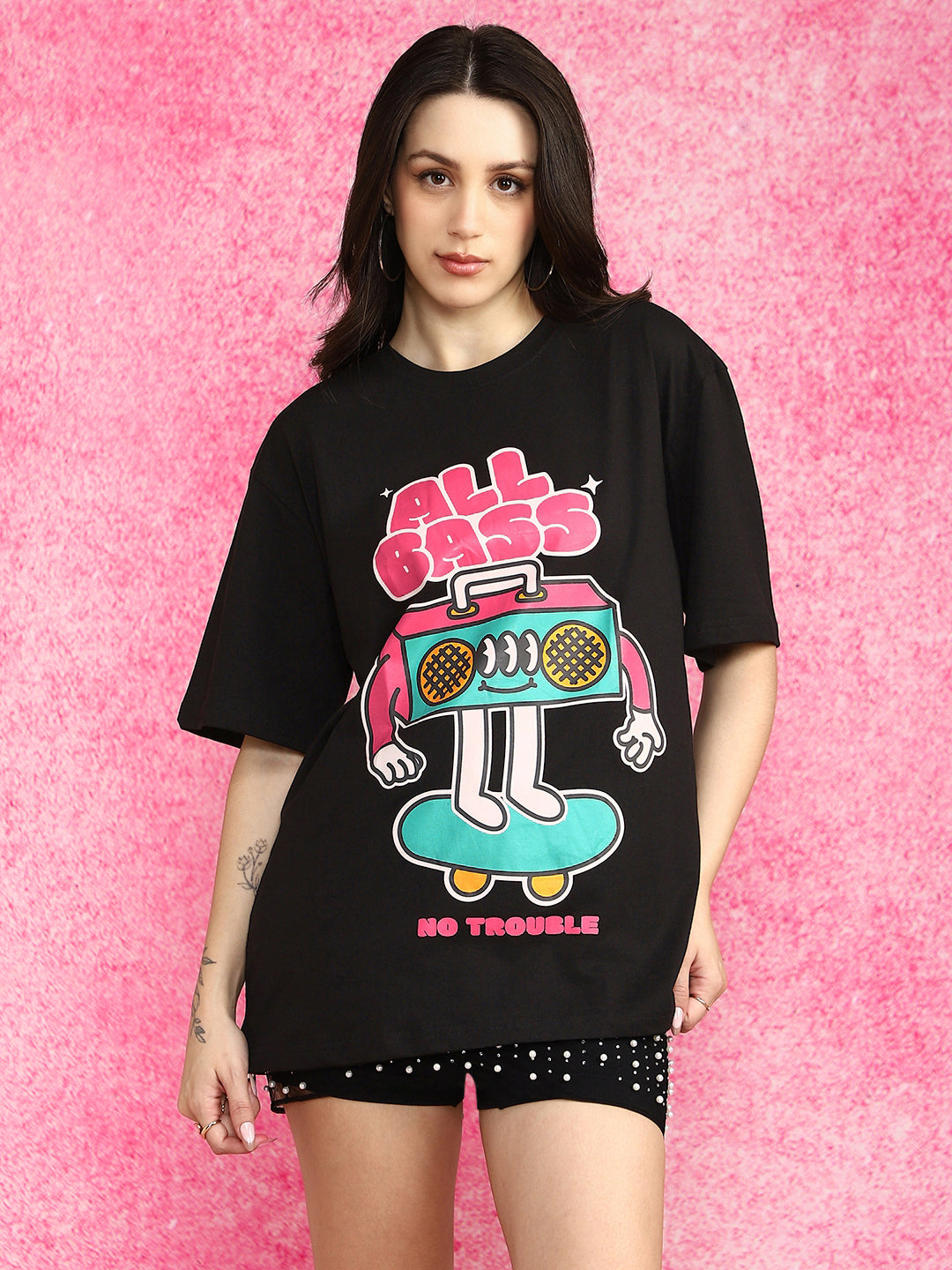 All Bass Black Oversized Graphic Printed T-Shirt