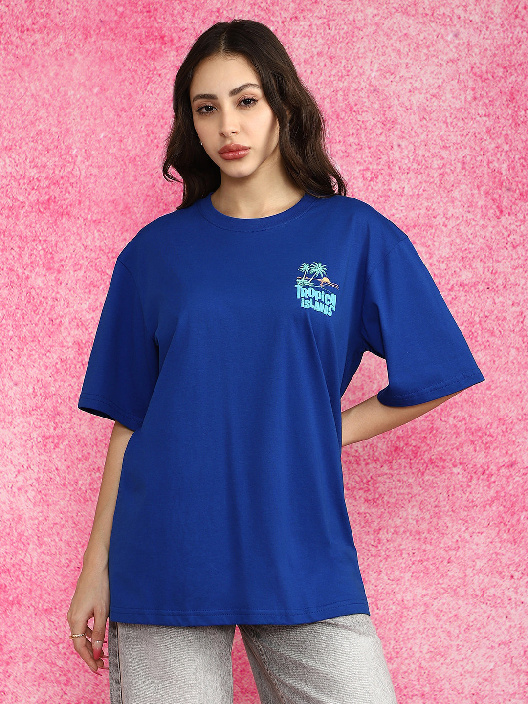 Tropical Island Royal Blue Oversized Fit Puff Printed T-Shirt