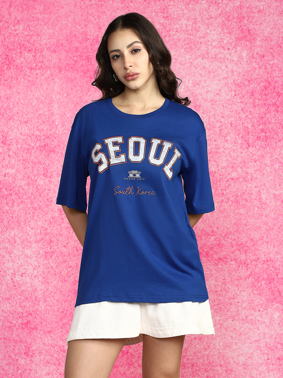 Seoul Royal Blue Oversized Fit Graphic T-Shirt