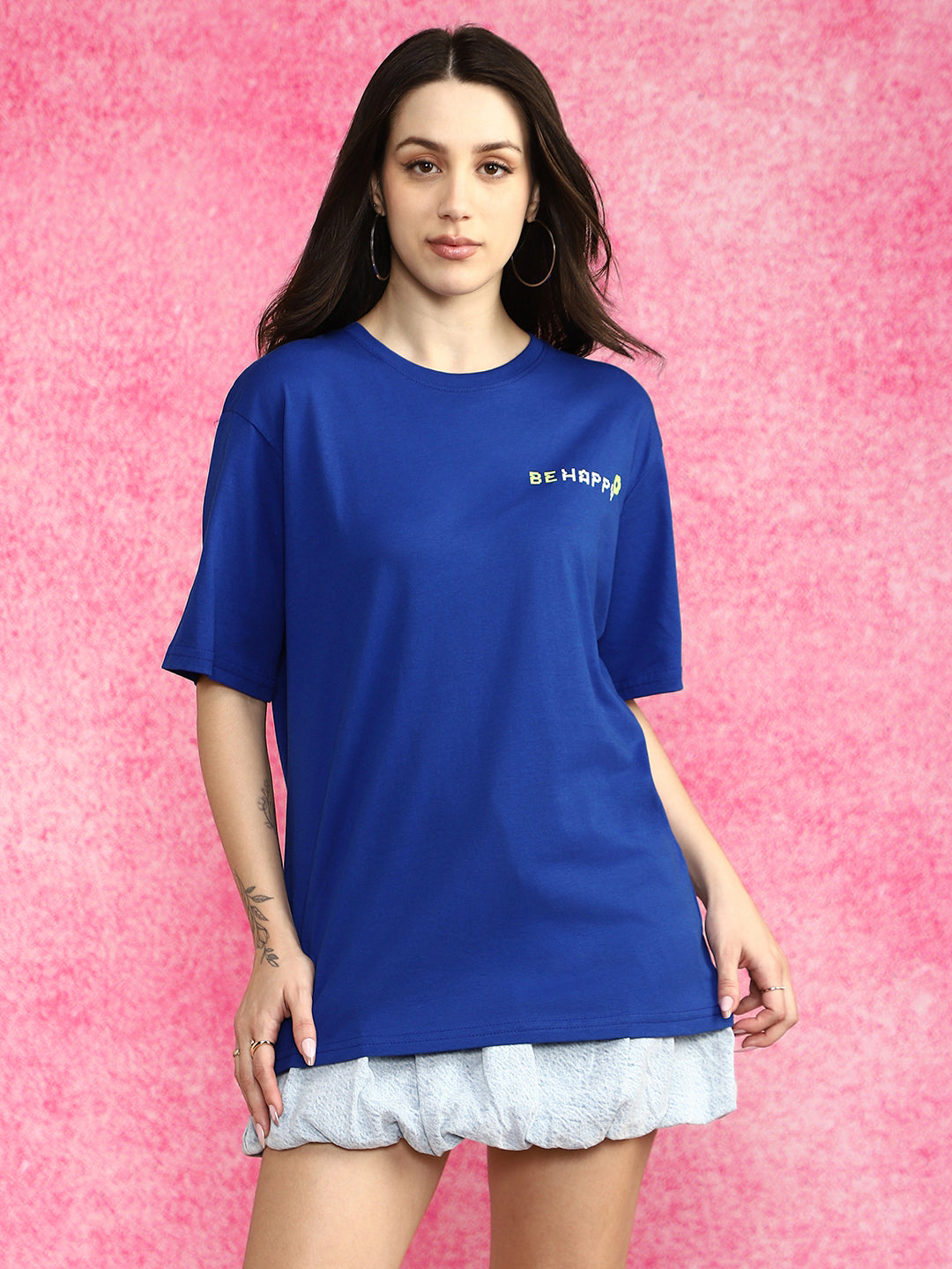Be Happy Royal Blue Oversized Fit Graphic T-Shirt
