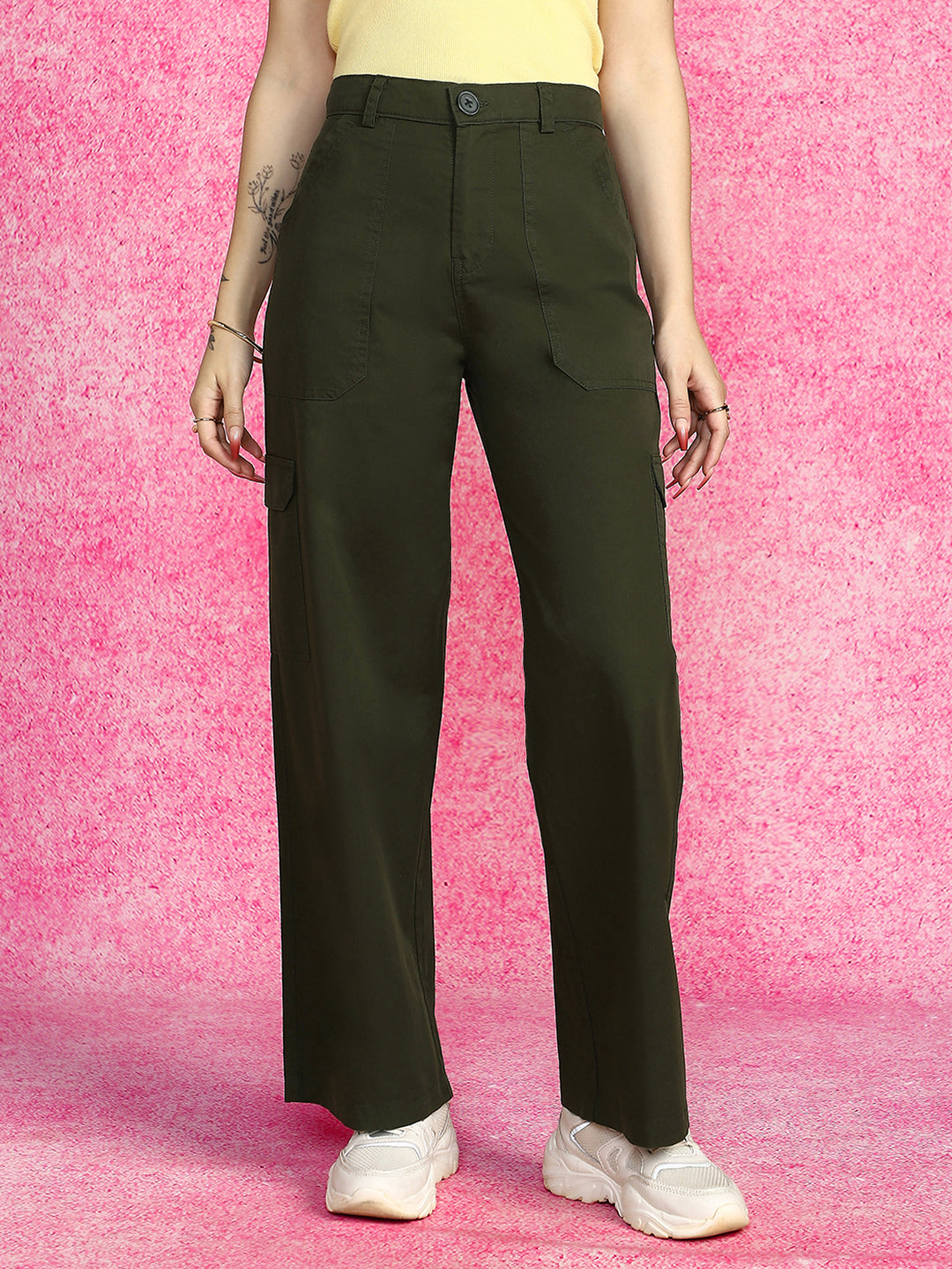 Olive Green Plain 5 Pocket Straight Fit Woven Cargo