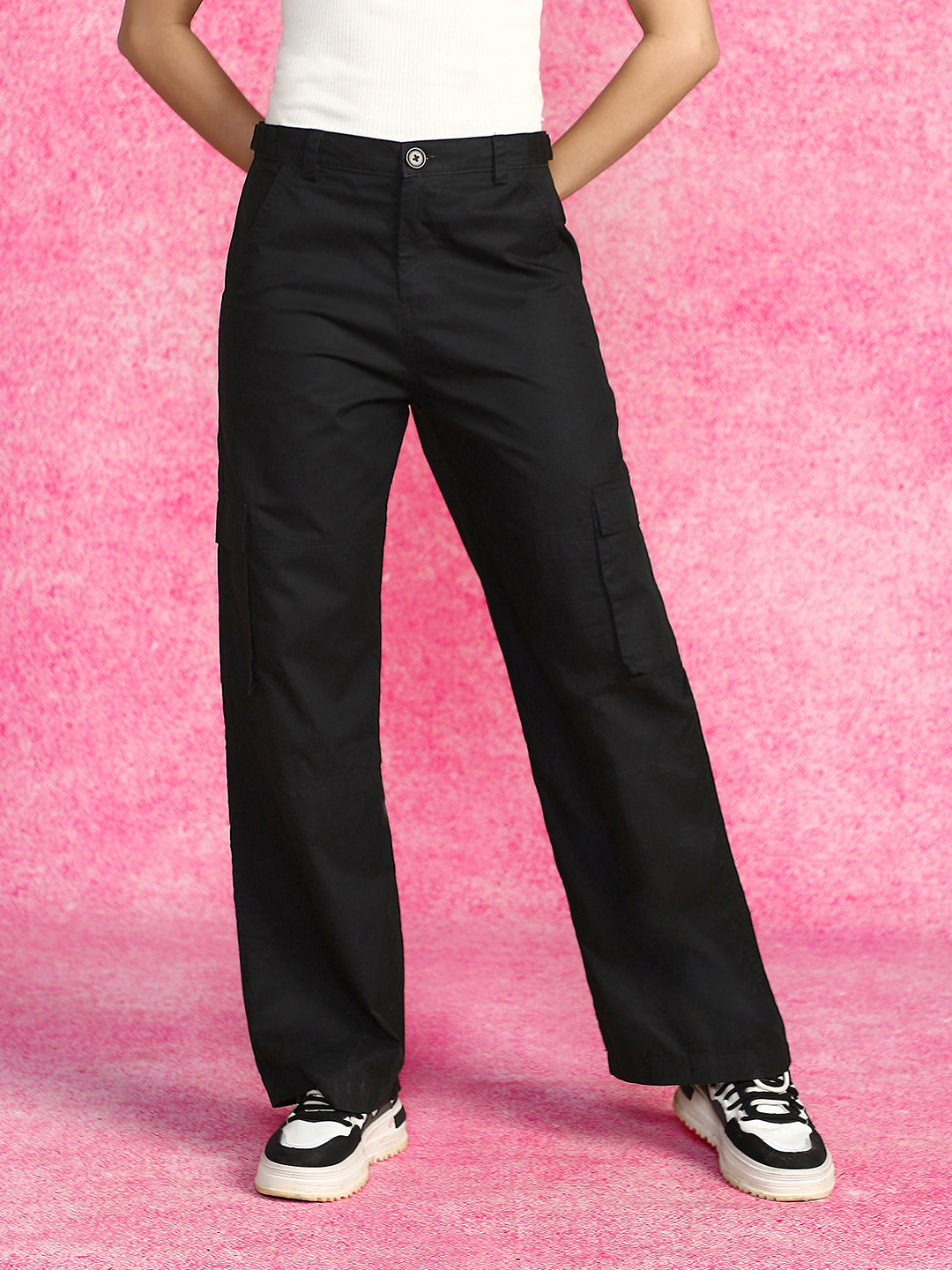 Black Plain 5 Pocket Straight Fit Woven Cargo