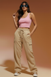 Beige Active Wear 4 Pocket Knitted Cargo Track Pant
