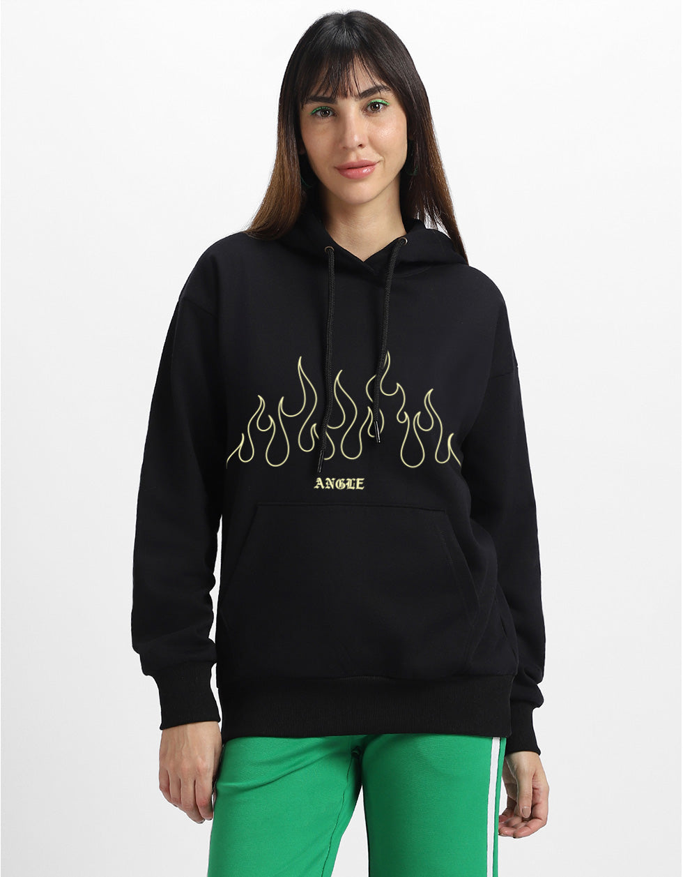 Angree Black Oversized Fit Graphic Hoodie