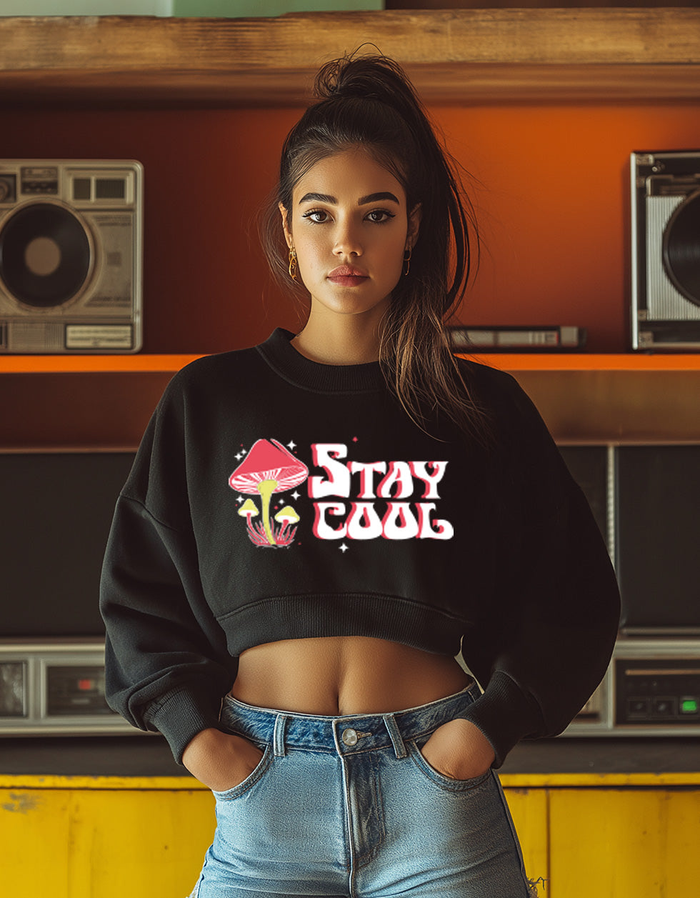 Stay Cool Graphic Printed Oversized Black Sweatshirt