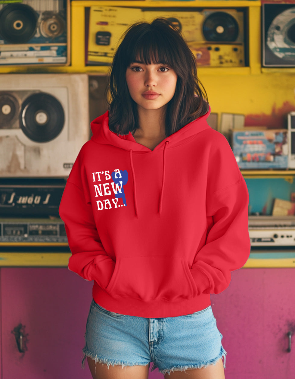It's A New Day Printed Magenta Oversized Hoodie