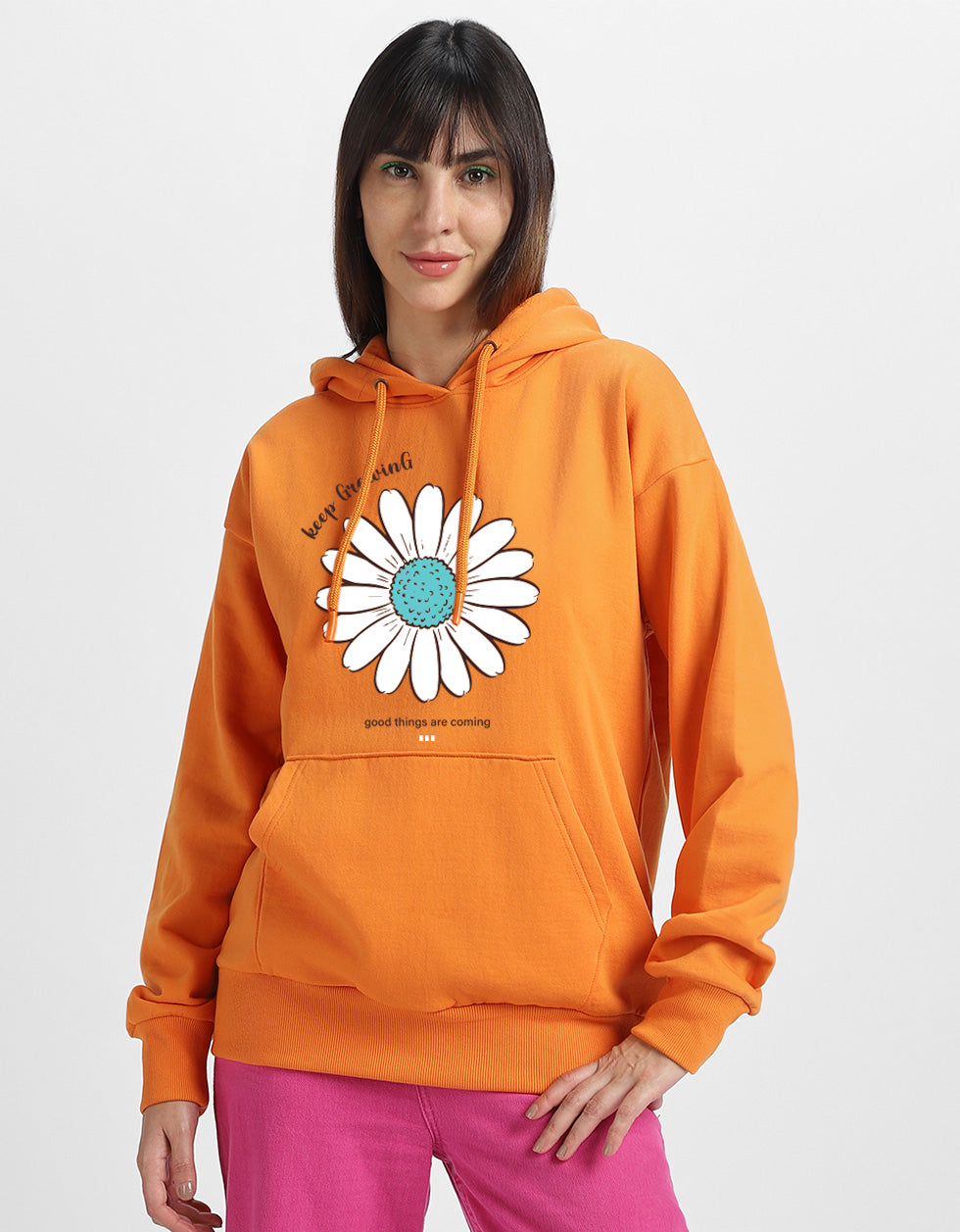 Keep Growing Graphic Printed Orange Oversized Hoodie