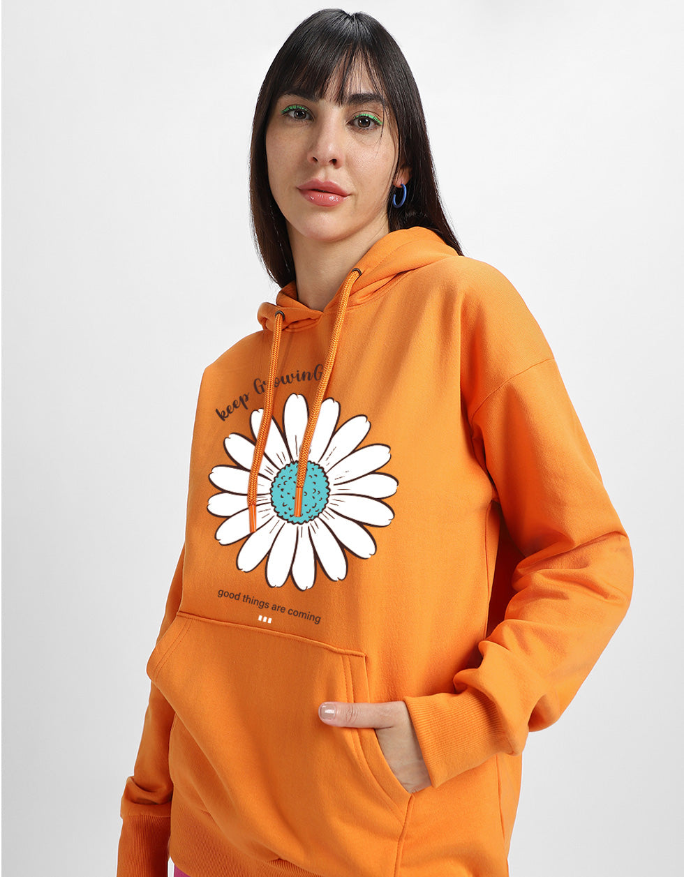Keep Growing Graphic Printed Orange Oversized Hoodie