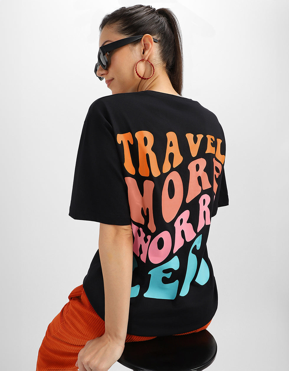 Travel More Black Graphic Printed Oversized T-Shirt