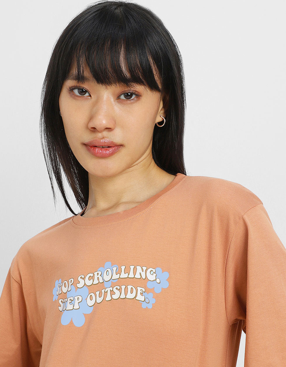 Stop Scrolling Cork Graphic Printed Crop-Top