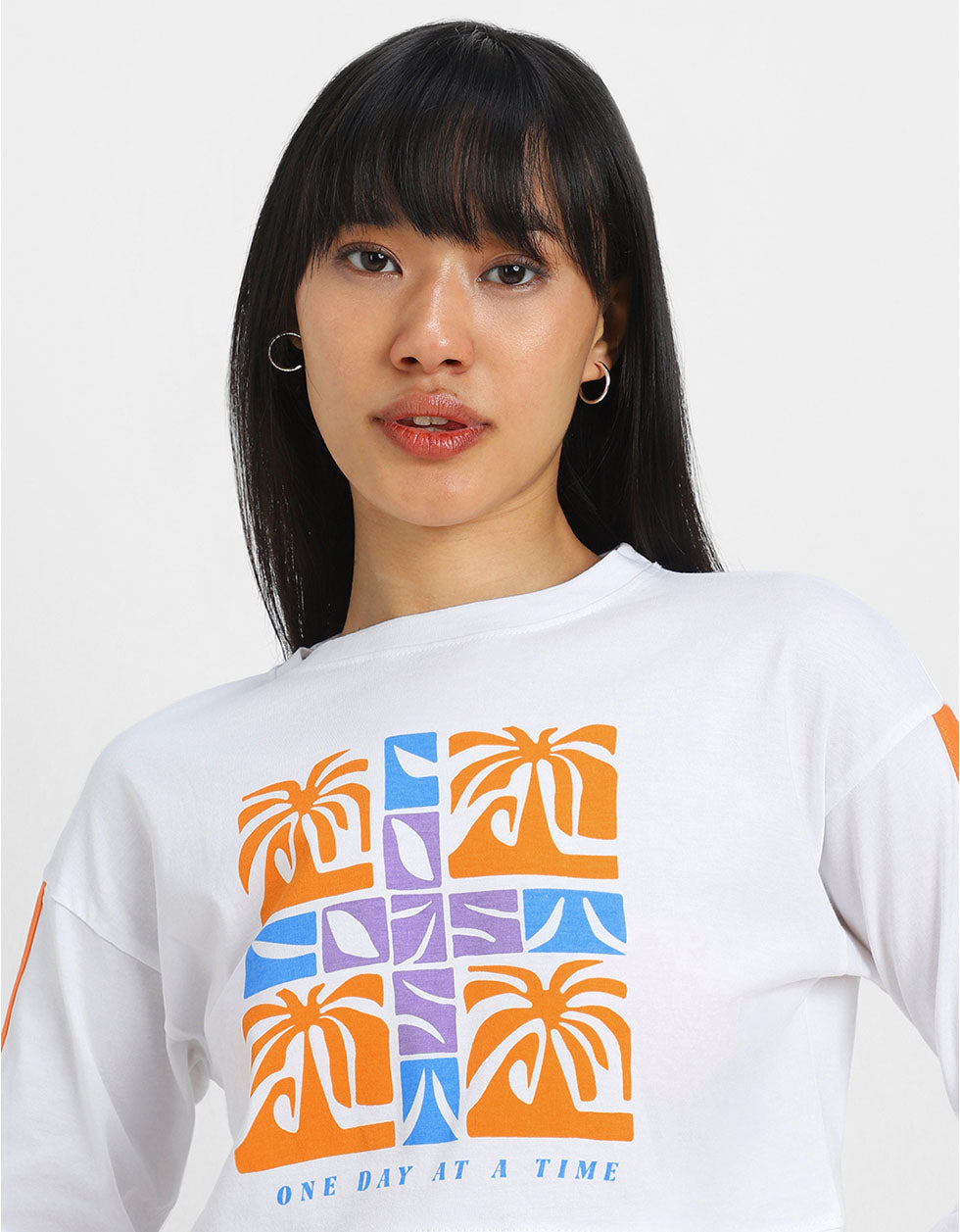 One Day White Graphic Printed Crop-Top