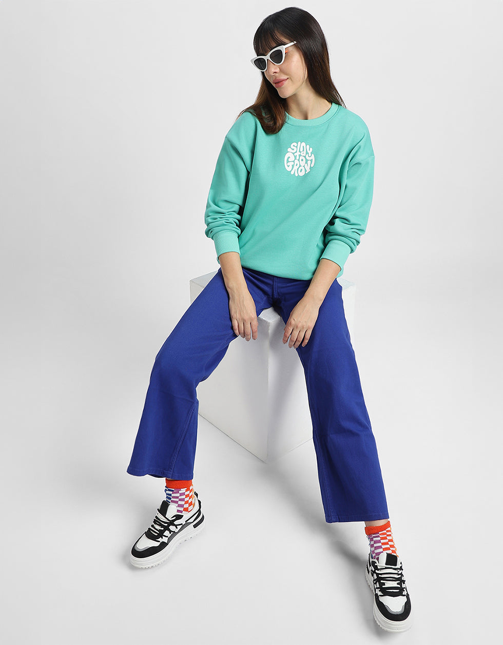 Stay Groovy Typographic Printed Oversized Green Sweatshirt