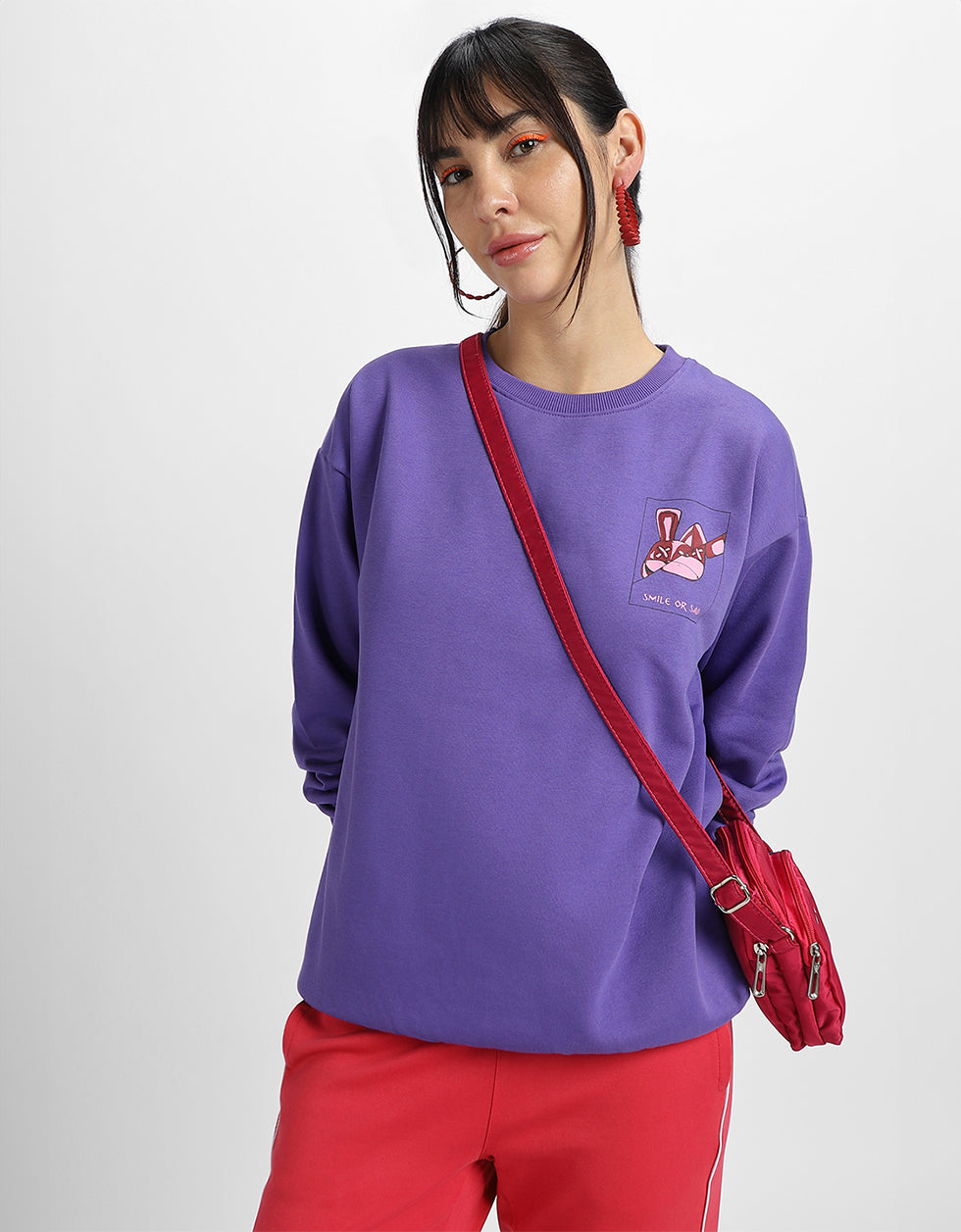 Smile or Sad Graphic Printed Oversized Purple Sweatshirt