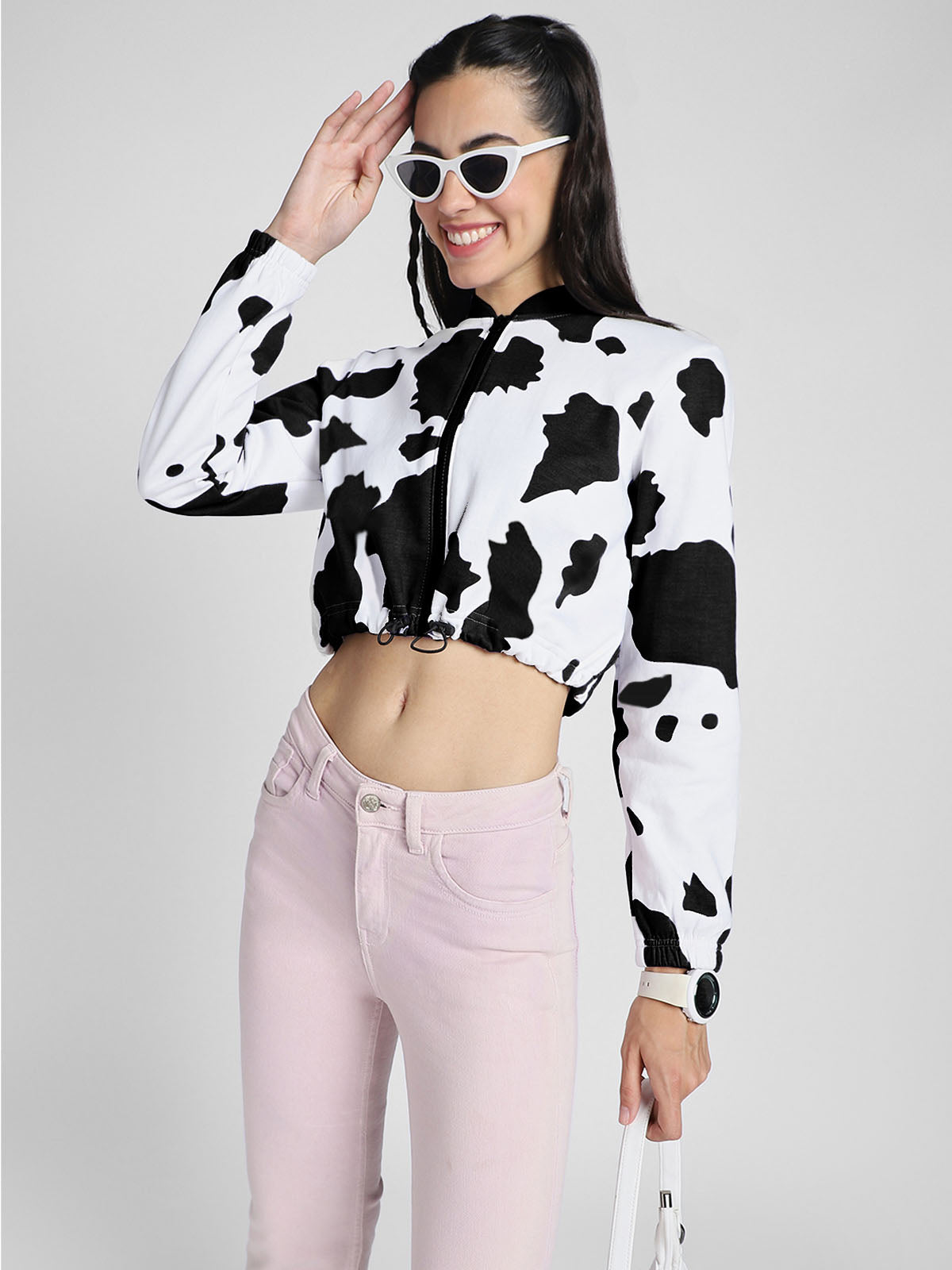 Cow Print Regular Fit White Zipper Crop Jacket