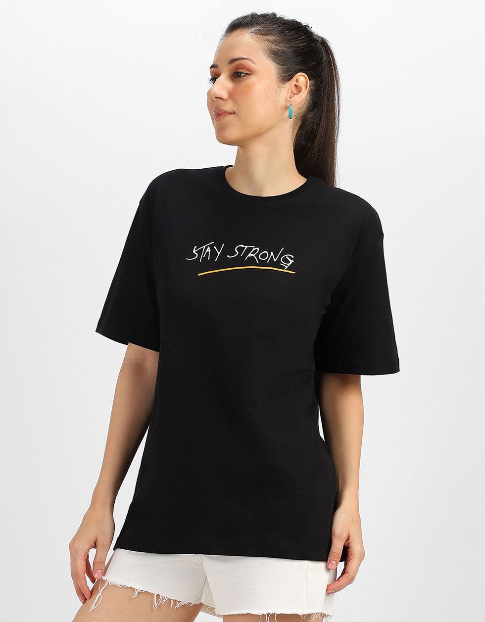 Stay Strong Black Oversized Fit Graphic T-Shirt