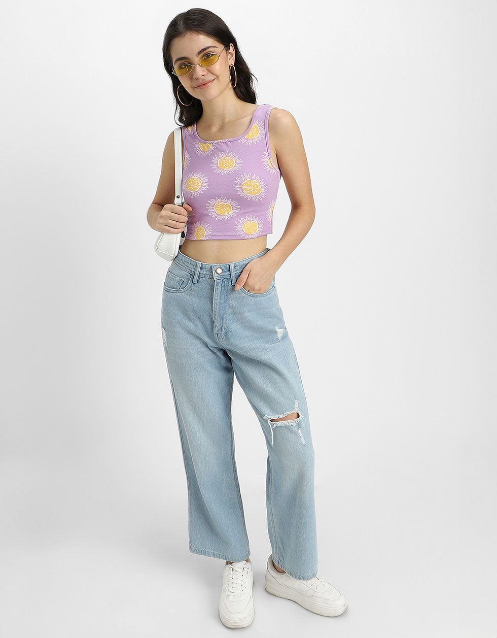 Lilac Printed Square Neck Cropped Tank Top