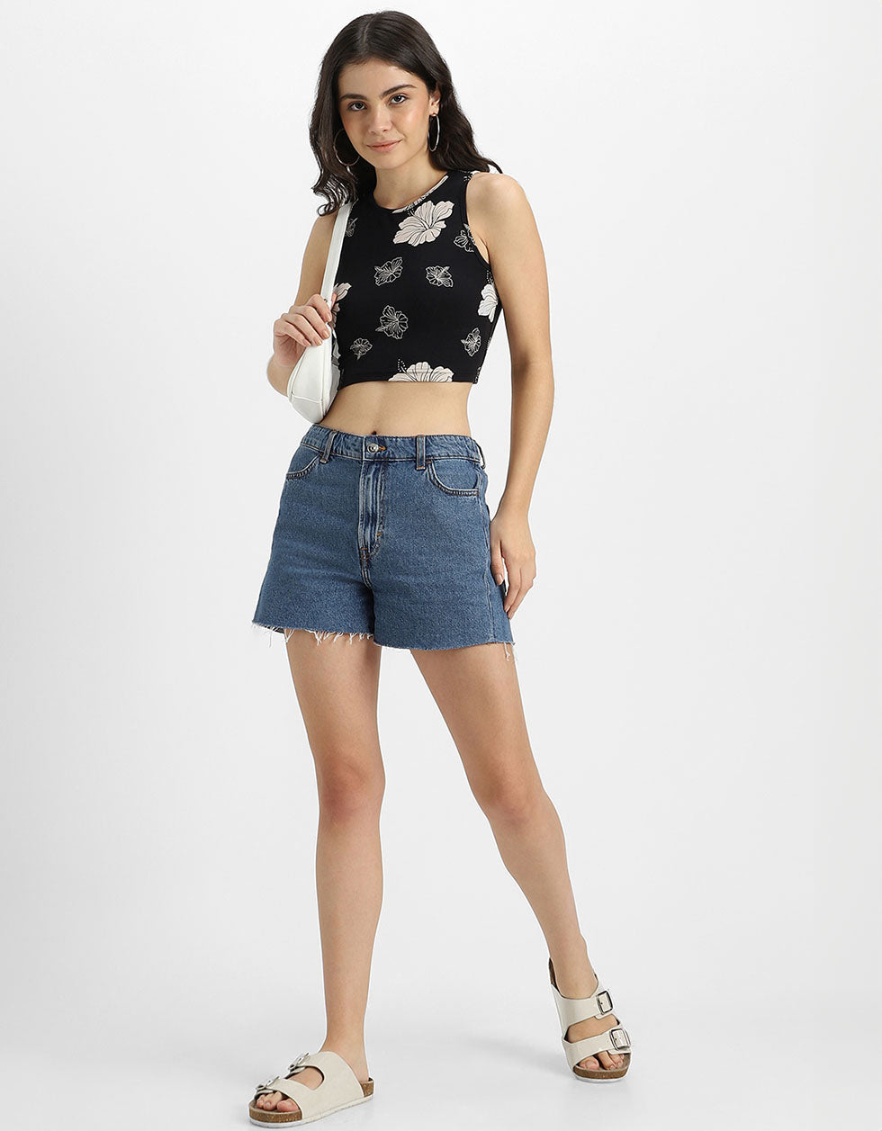 Black Floral Printed Round Neck Cropped Tank Top