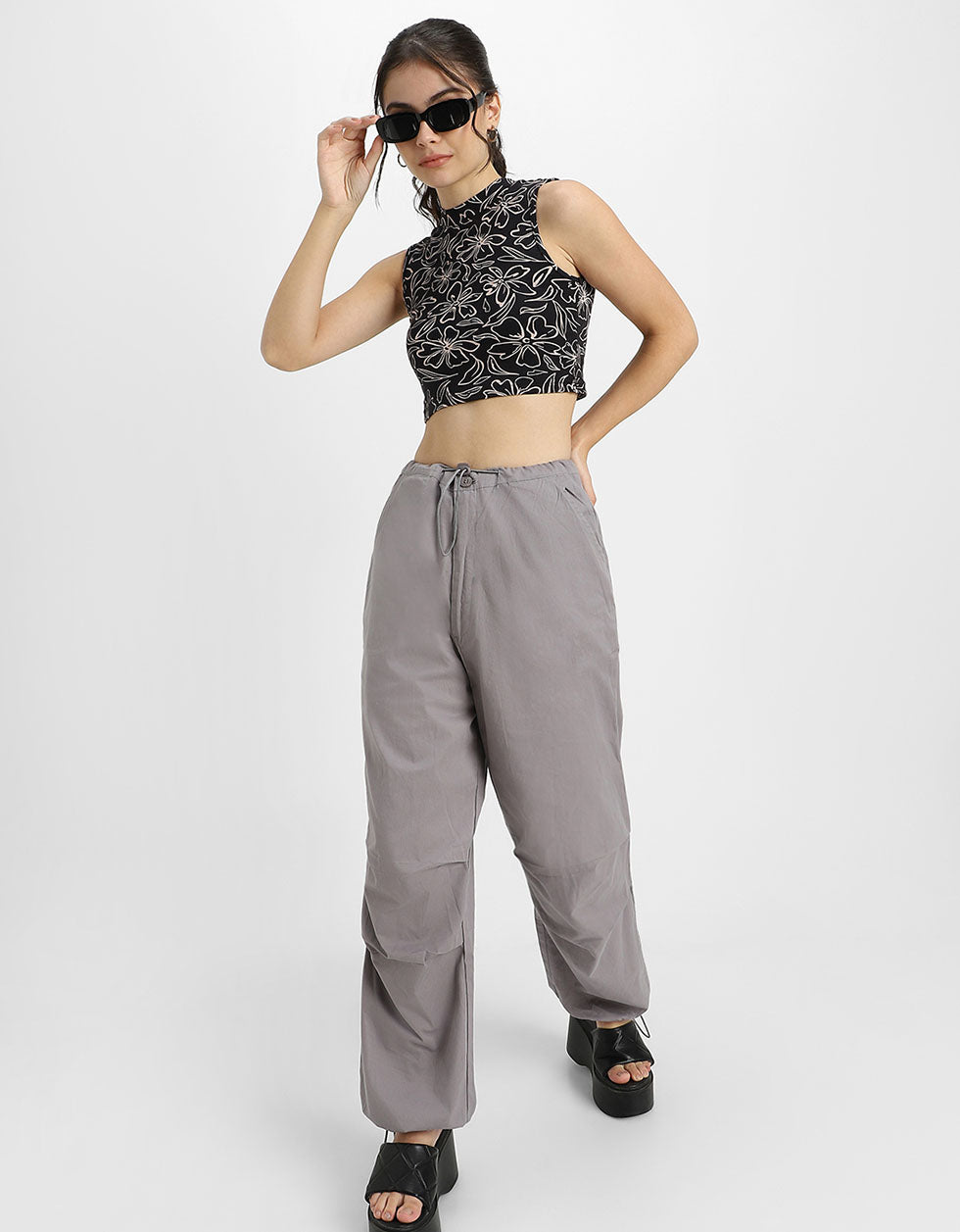 Black Floral Printed High Neck Cropped Tank Top