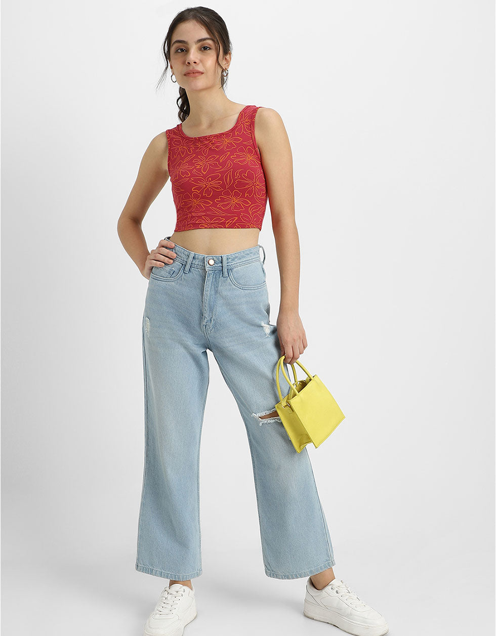 Viva Magenta Printed Square Neck Cropped Tank Top