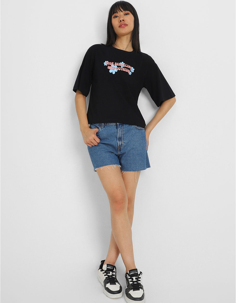 Stop Scrolling Black Graphic Printed Crop-Top
