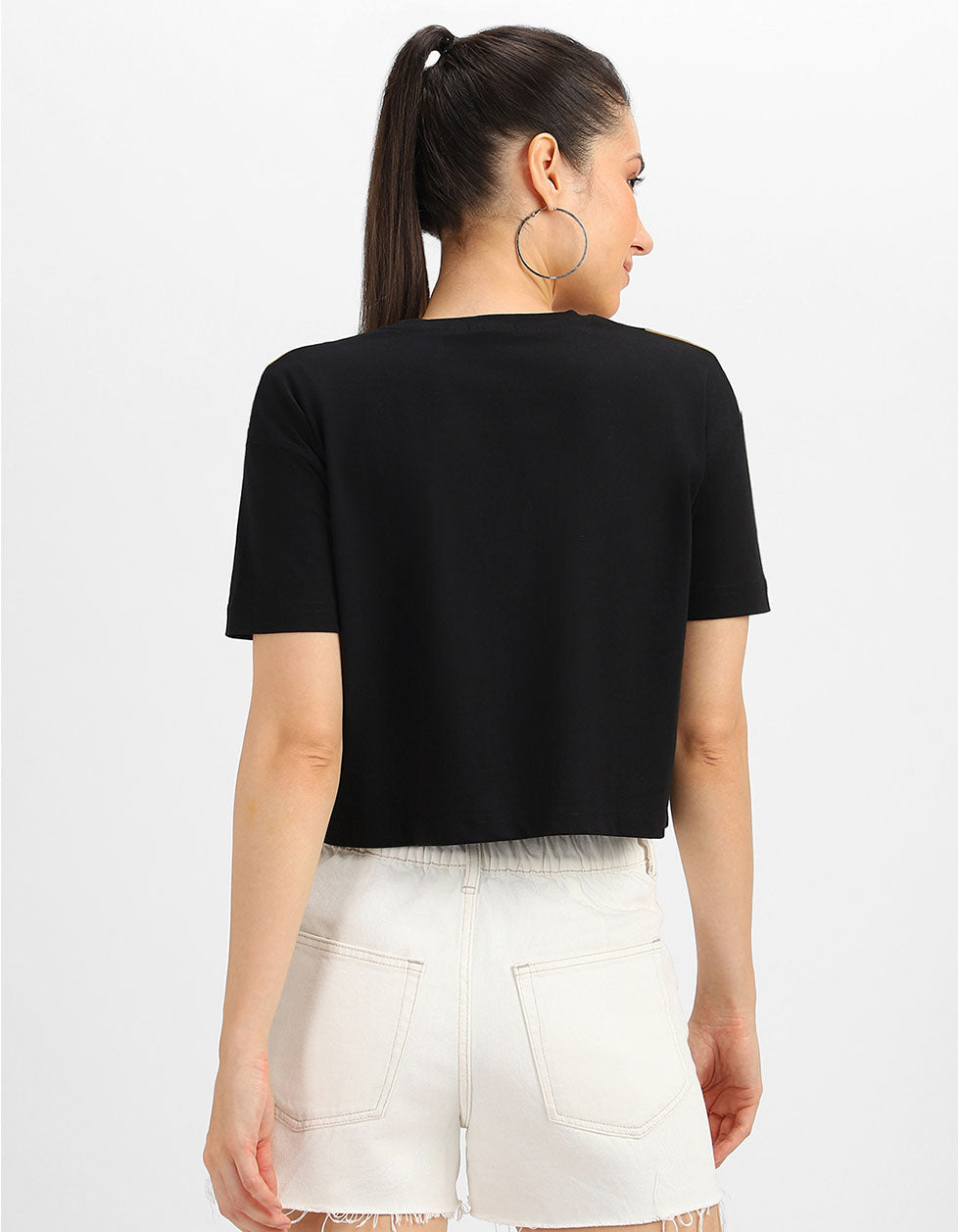 Black Yellow White Graphic Printed Crop-Top