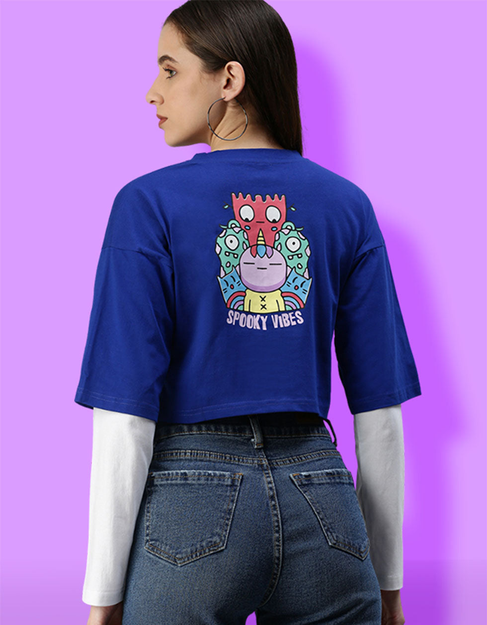 Spooky Vibes Blue Graphic Printed Regular Fit Crop Top