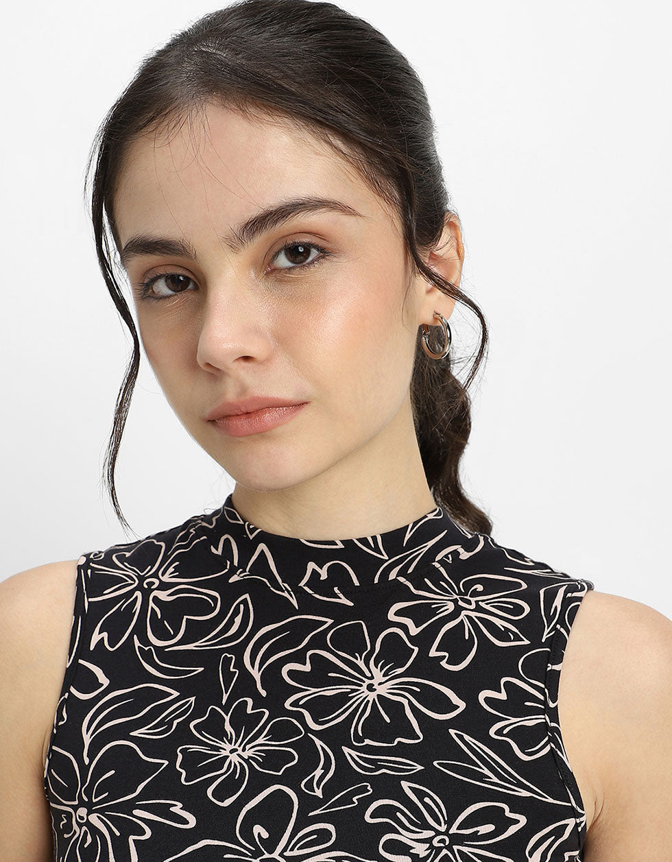 Black Floral Printed High Neck Cropped Tank Top