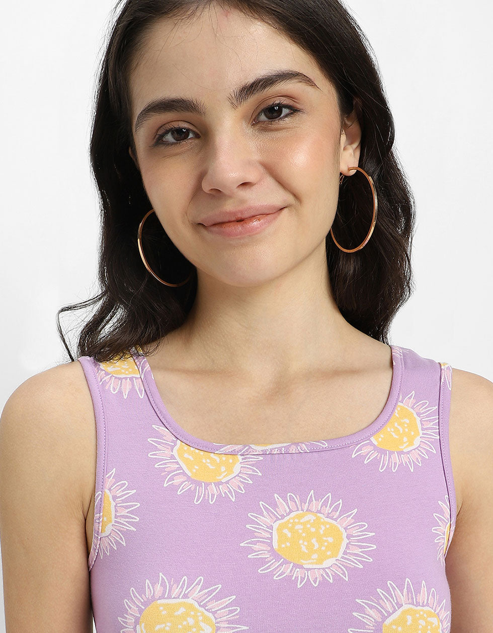 Lilac Printed Square Neck Cropped Tank Top