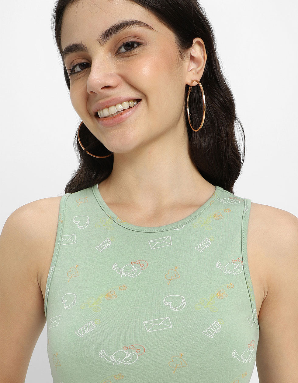Green Floral Printed Round Neck Cropped Tank Top
