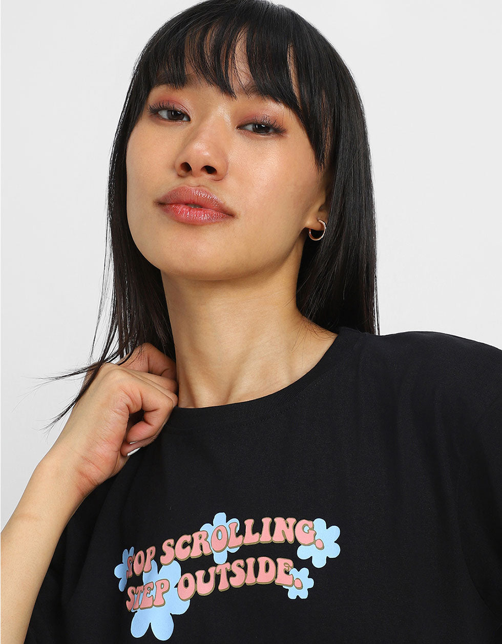 Stop Scrolling Black Graphic Printed Crop-Top