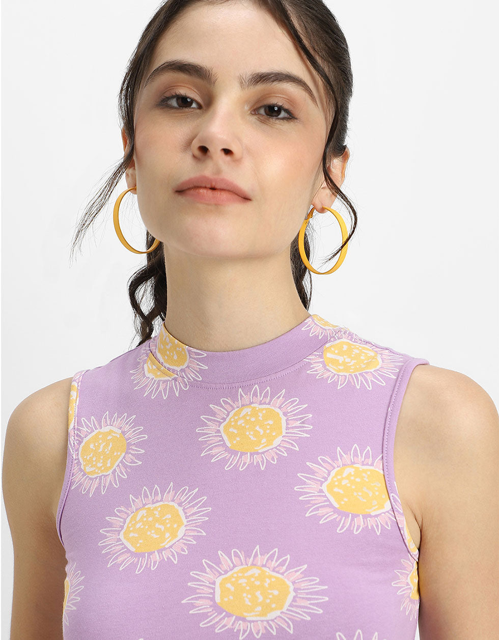 Lilac Floral Printed High Neck Cropped Tank Top