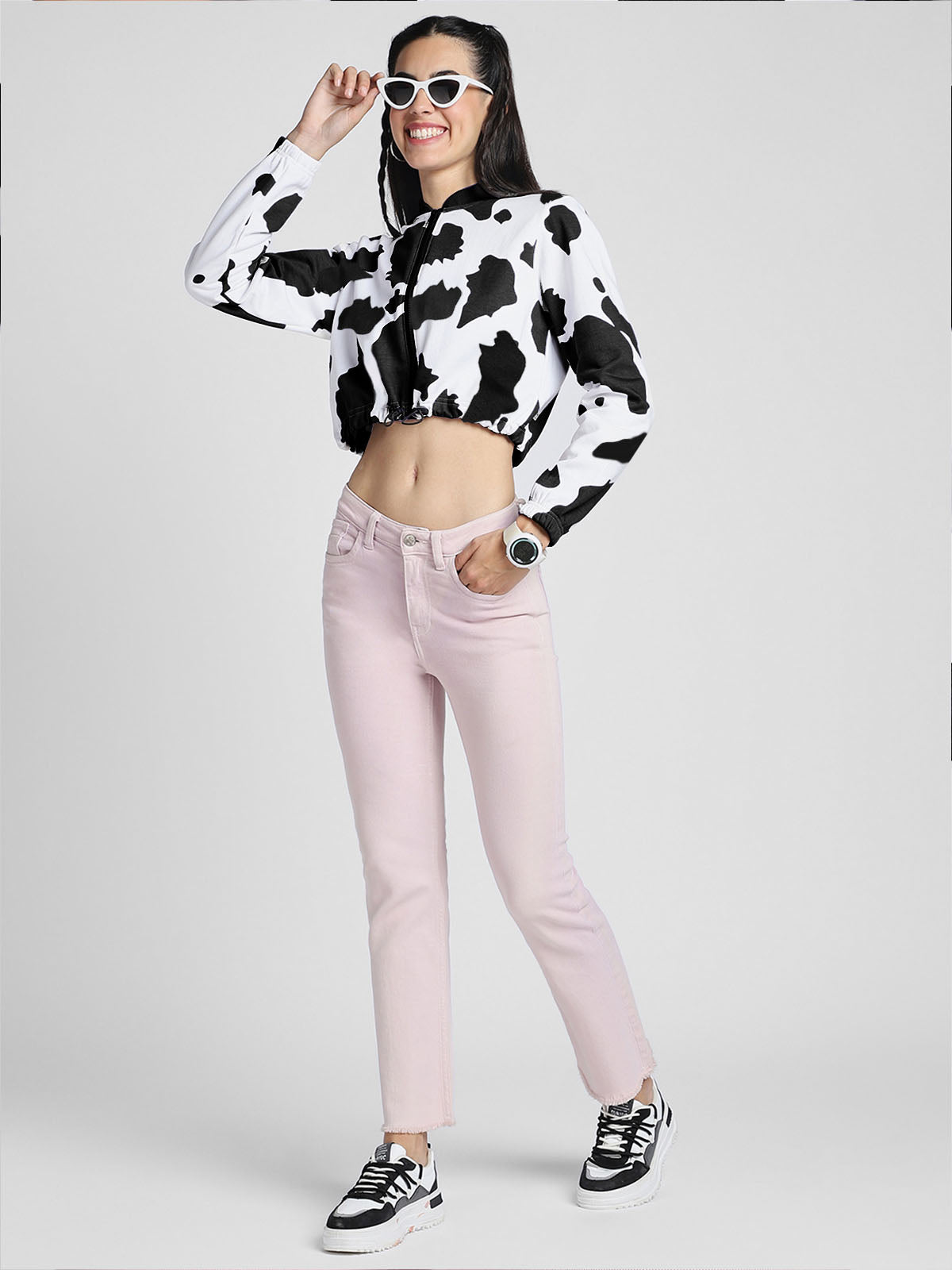 Cow Print Regular Fit White Zipper Crop Jacket