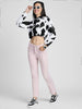 Cow Print Regular Fit White Zipper Crop Jacket