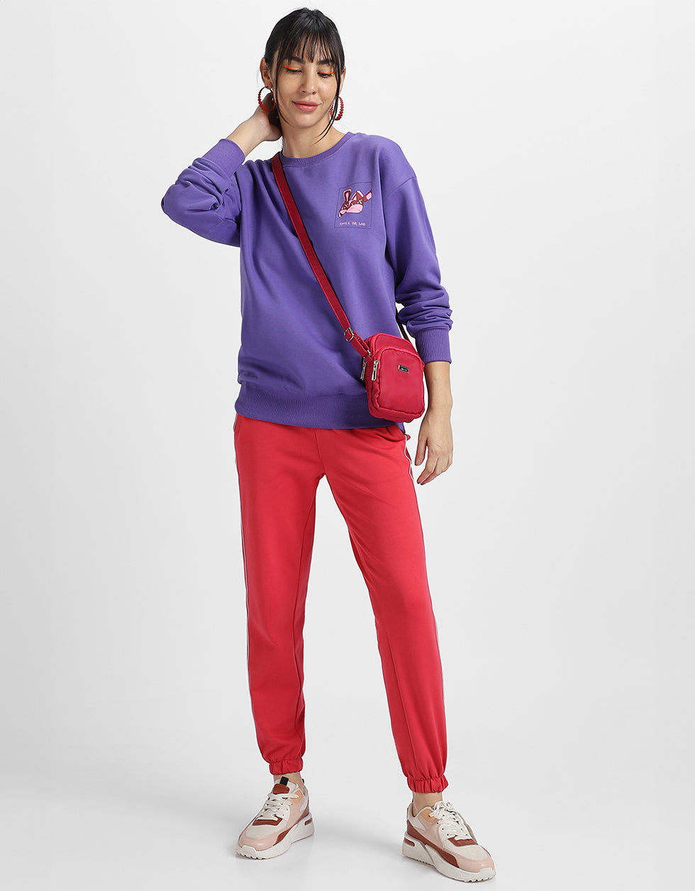 Smile or Sad Graphic Printed Oversized Purple Sweatshirt