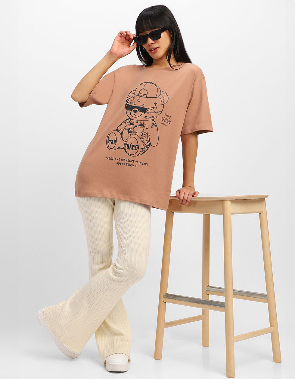 Break Rules Beige Graphic Printed Oversized T-Shirt