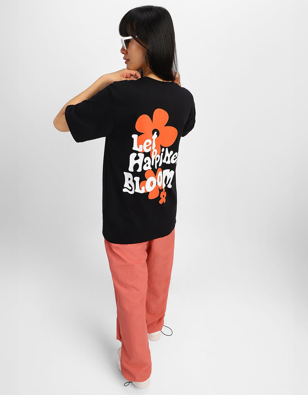 Let Happiness Bloom Black Graphic Printed Oversized T-Shirt