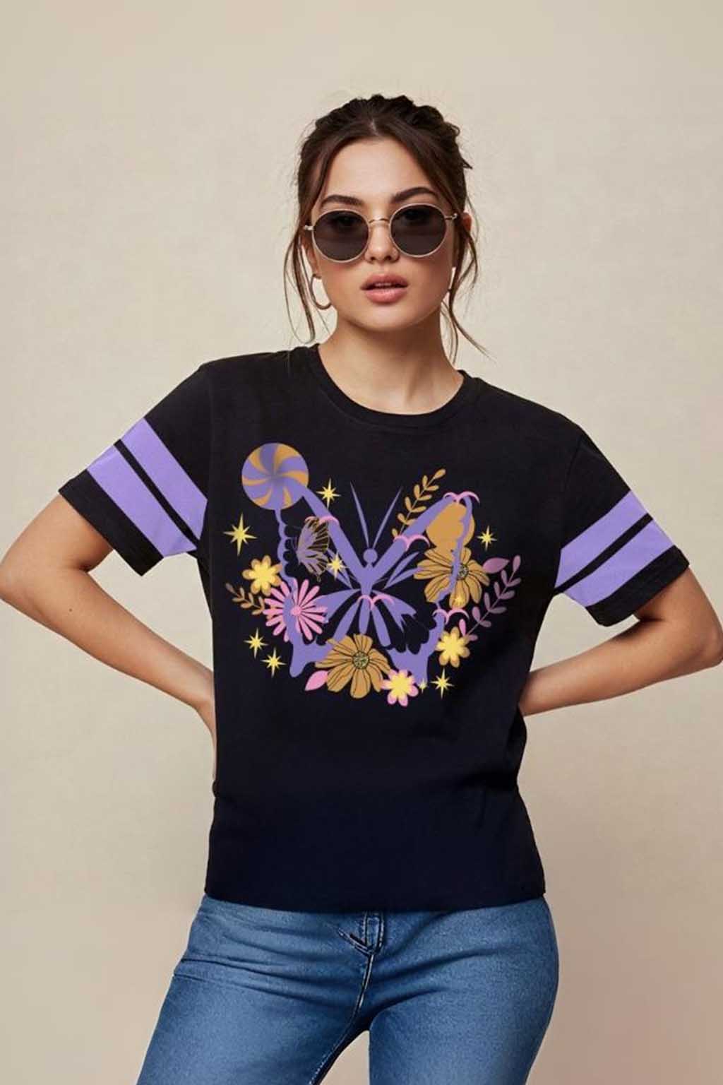 Butterfly Black Regular Fit Graphic T-Shirt