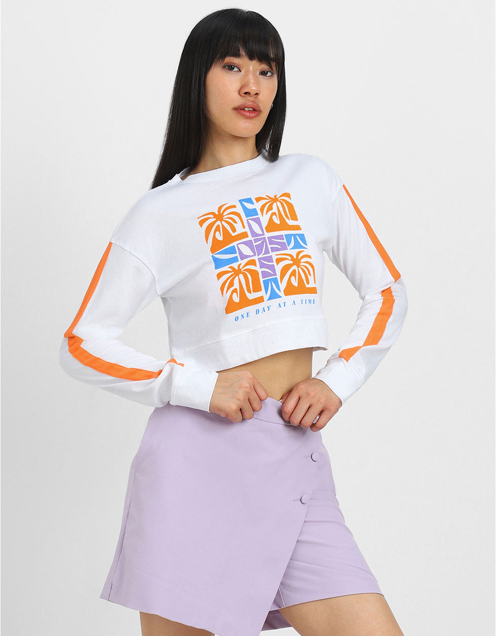 One Day White Graphic Printed Crop-Top