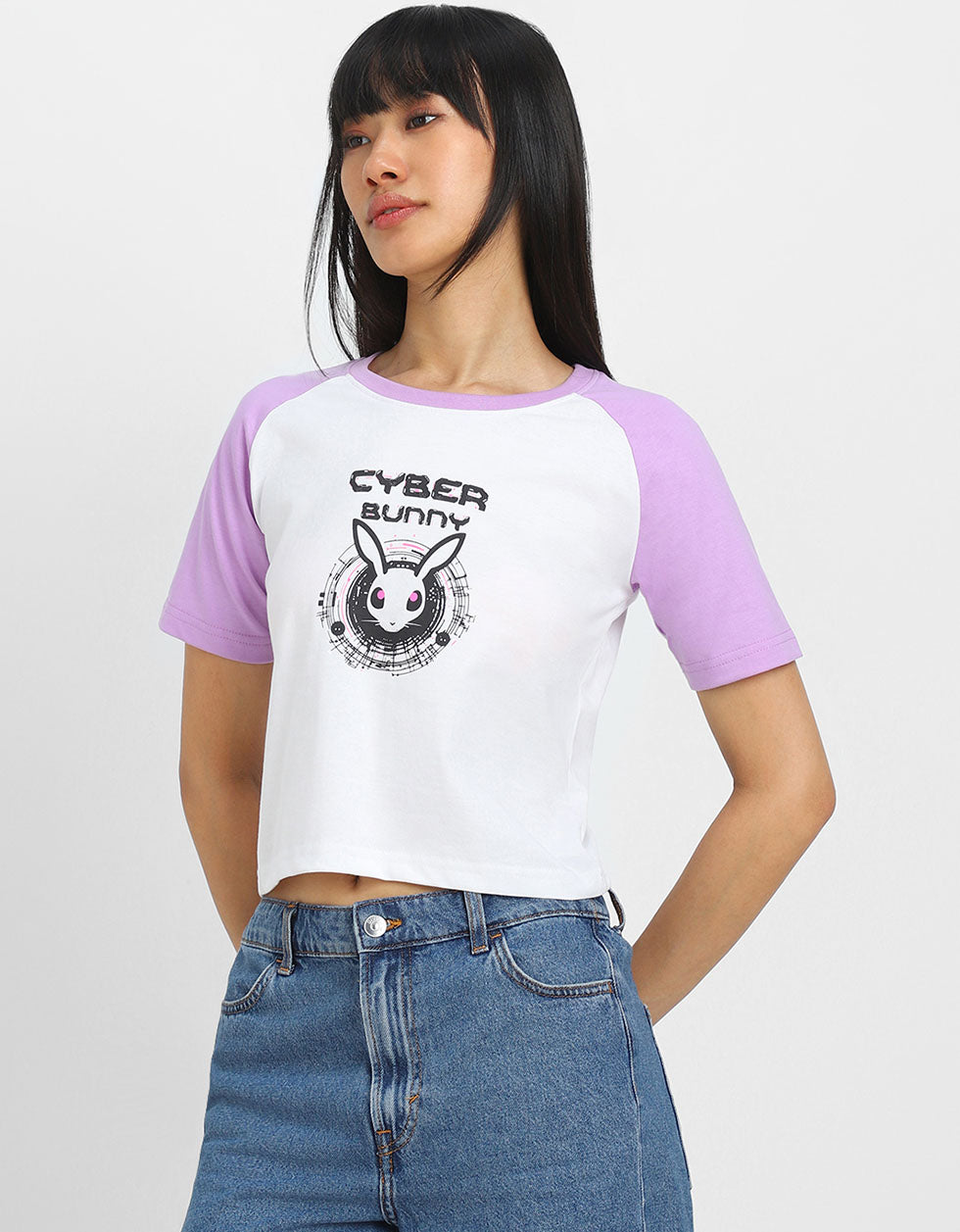 Cyber Bunny White Graphic Printed Crop-Top