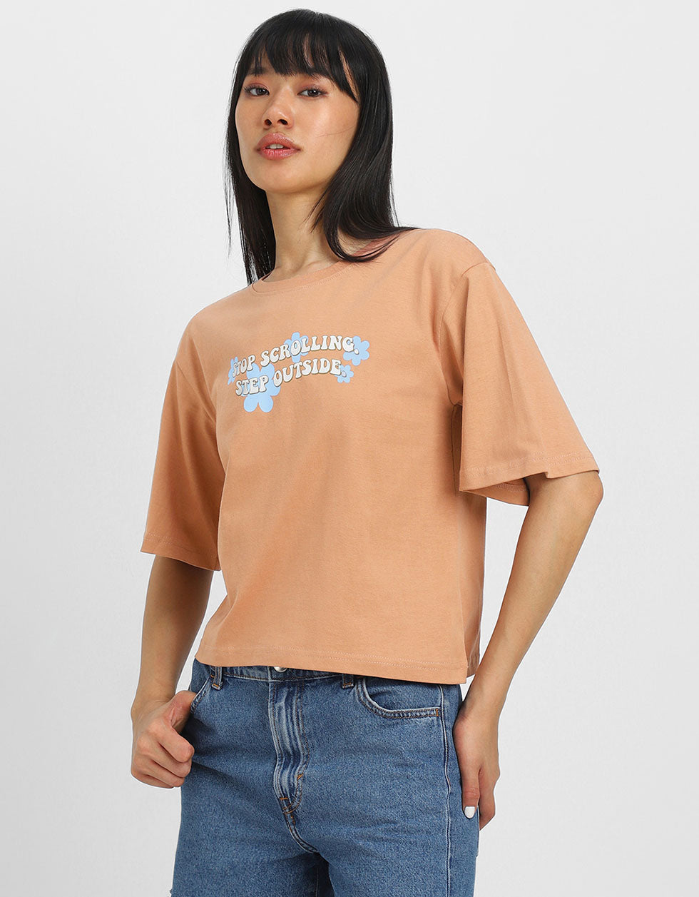 Stop Scrolling Cork Graphic Printed Crop-Top