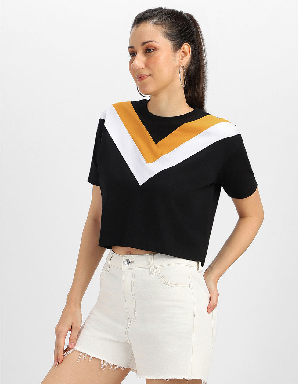 Black Yellow White Graphic Printed Crop-Top