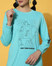 No Guessing Printed Ribbed Full Sleeve Round Neck Blue T-shirt Dress