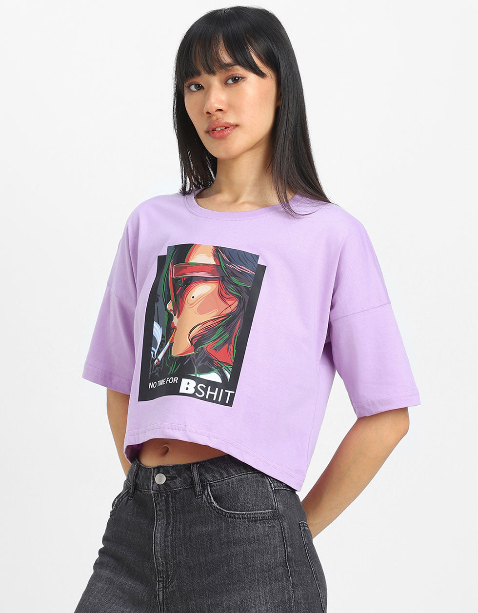 Purple Graphic Printed Oversized Crop Top