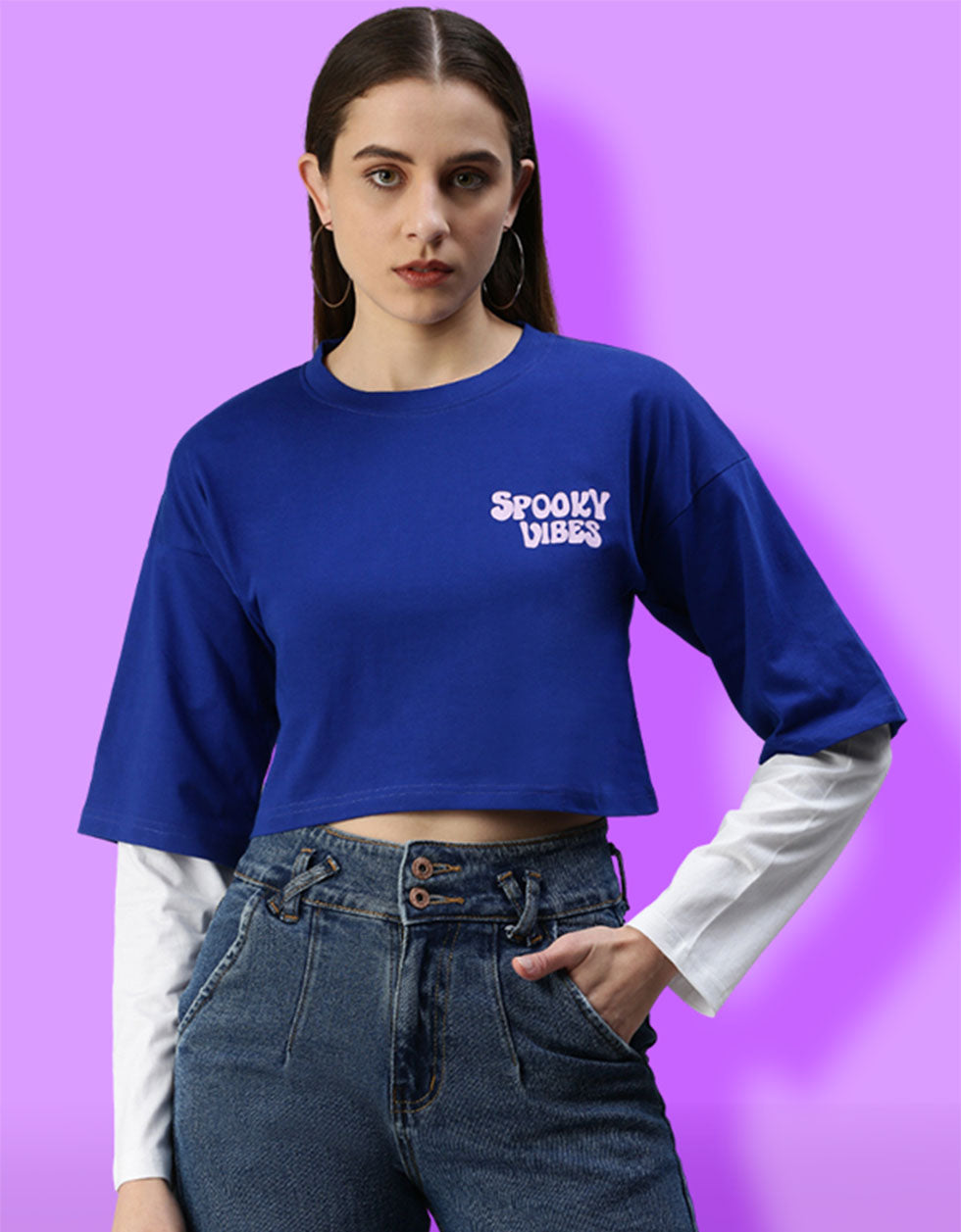 Spooky Vibes Blue Graphic Printed Regular Fit Crop Top