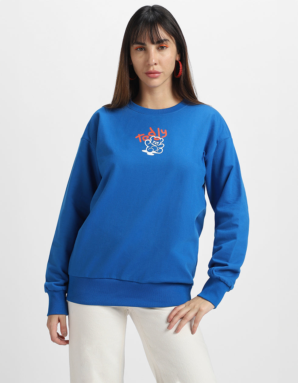 Teddy Graphic Printed Regular Fit Blue Sweatshirt